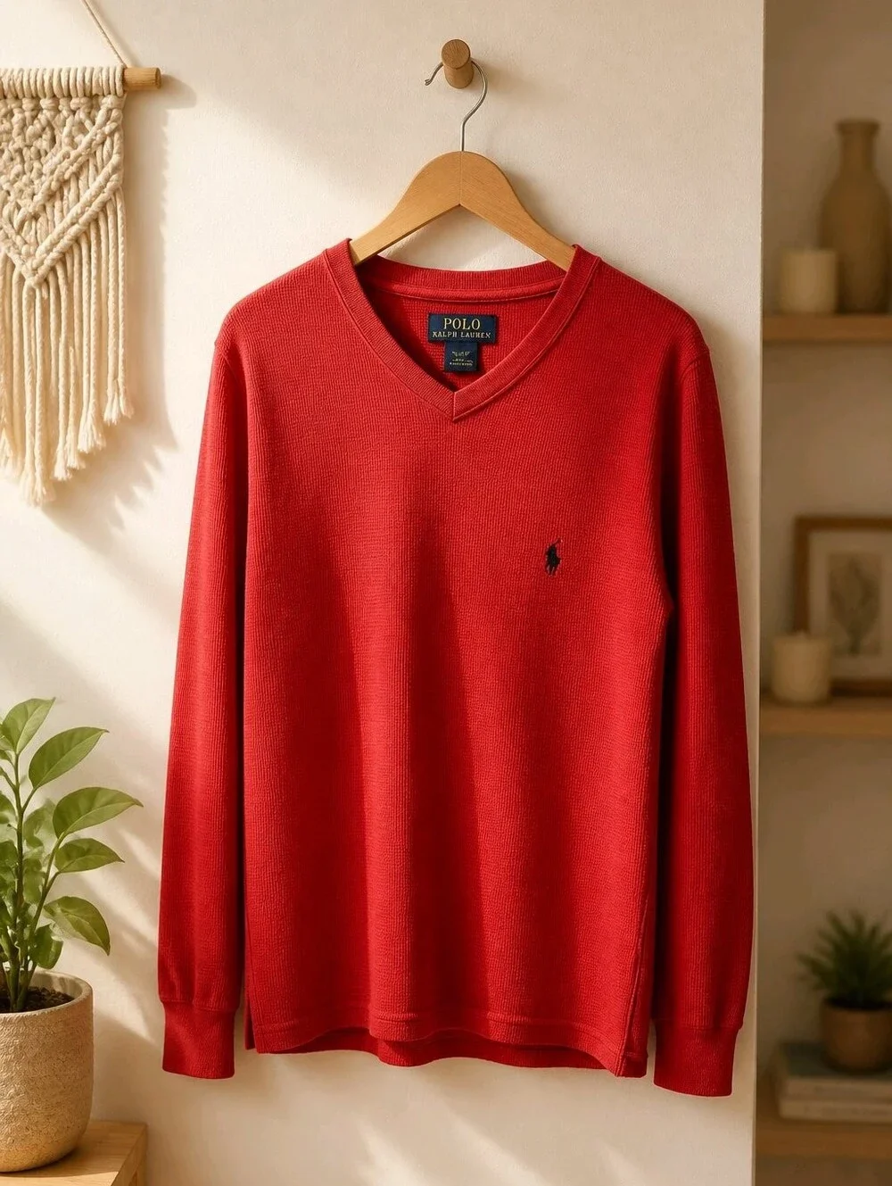 Polo by Ralph Lauren Red V-Neck Sweater with Navy Pony Men's Sz Medium